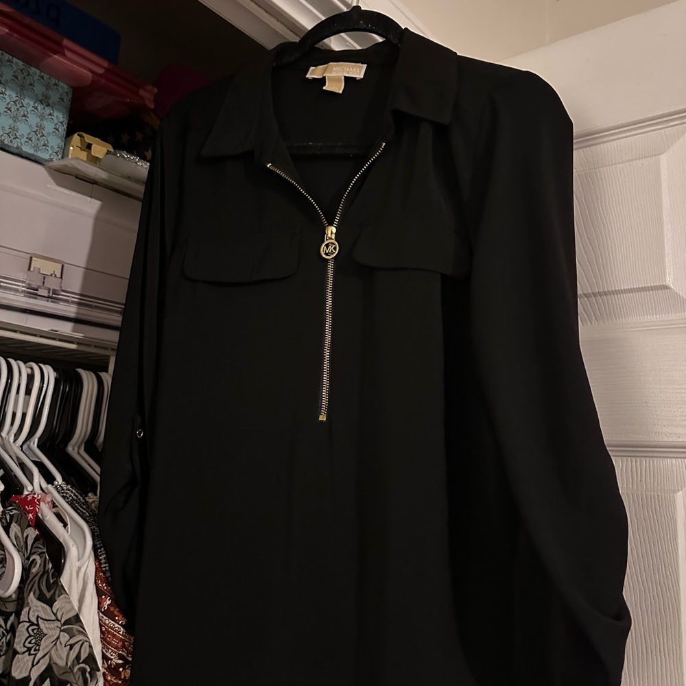 MICHAEL Michael Kors Black Zip-Front Blouse with Gold MK Pull